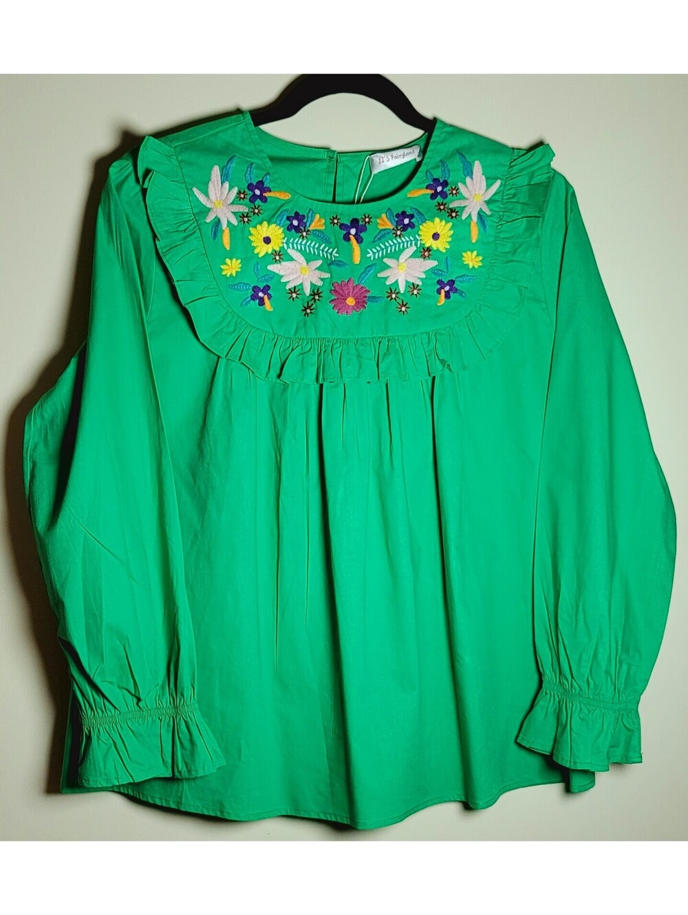 JJ's Fairyland Green Embroidered Ruffle Long Sleeve Blouse L